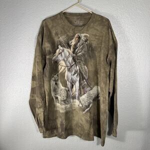 Vtg The Mountain Native American Graphic T-Shirt Tie Dye 2XL White Horse Wolf LS